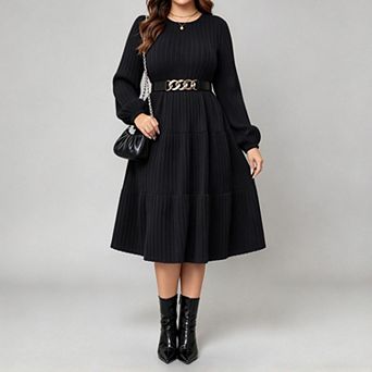 ShopWonder Women Plus Size Knit Crew Neck Long Sleeves Comfy Pullover Midi Sweater Dress with Belt