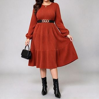 ShopWonder Women Plus Size Knit Crew Neck Long Sleeves Comfy Pullover Midi Sweater Dress with Belt