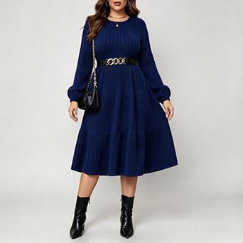 ShopWonder Women Plus Size Knit Crew Neck Long Sleeves Comfy Pullover Midi Sweater Dress with Belt