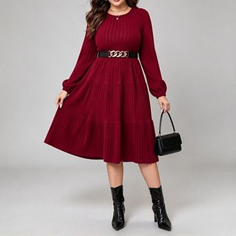 ShopWonder Women Plus Size Knit Crew Neck Long Sleeves Comfy Pullover Midi Sweater Dress with Belt