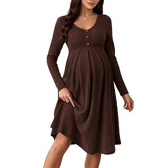 Women Maternity Crew Neck Long Sleeve Solid Color Button Down Midi Knit Sweater Dress