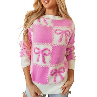 Womens Oversized Bow Knot Checkered Sweater with Crew Neck and Drop Shoulders