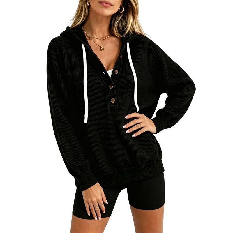 Women's Corduroy Hooded Drawstring Button Long Sleeve Sweatshirt with ...