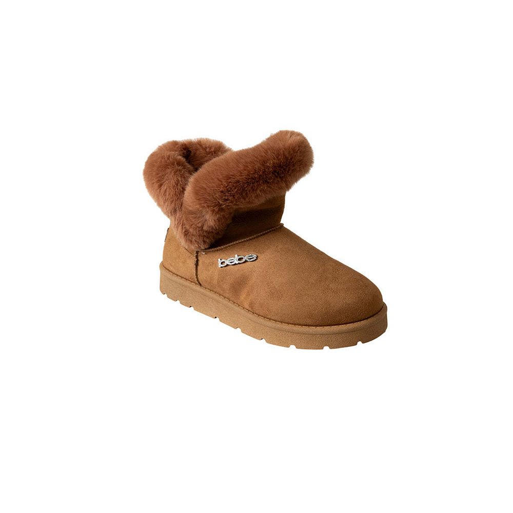 bebe Women's Faux Fur Trim Slip-On Ankle Winter Boots with Rhinestone Logo