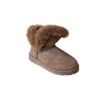 bebe Women's Faux Fur Trim Slip-On Ankle Winter Boots with Rhinestone Logo
