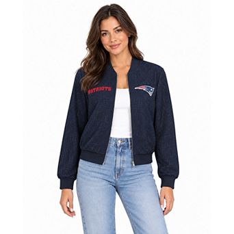 Women's FABGATING by Cuce Navy New England Patriots Crystal Full-Zip Bomber Jacket