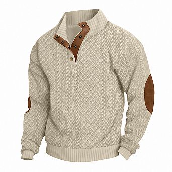 Mens Cable Knit Pullover 1/4 Snap Stand Collar Sweater with Elbow Patches