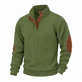 Mens Cable Knit Pullover Sweater 1/4 Snap Stand Collar Elbow Patches Relaxed Fit