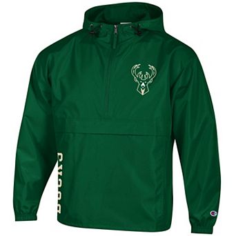 Men's Champion Hunter Green Milwaukee Bucks Packable Lightweight Hooded Windbreaker Half-Zip Jacket