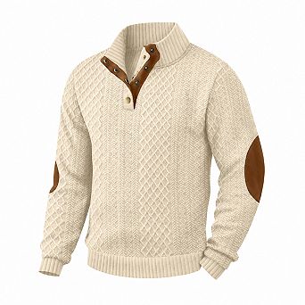 Mens Cable Knit Pullover Sweater 1/4 Snap Stand Collar Elbow Patches Relaxed Fit