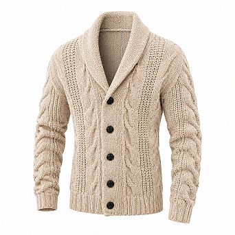 Mens Cable Knit Shawl Collar Loose Fit Cardigan Sweater