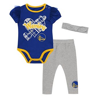 Girls Infant Outerstuff Royal/Gray Golden State Warriors Team Heart Bodysuit, Pants & Headband Set