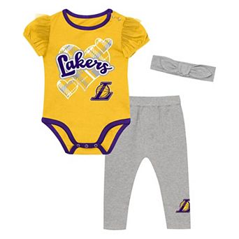 Girls Infant Outerstuff Gold/Gray Los Angeles Lakers Team Heart Bodysuit, Pants & Headband Set