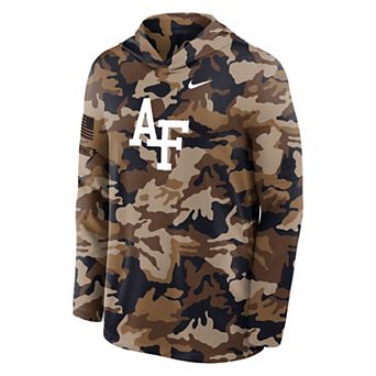 Men's Nike Camo Air Force Falcons 2026 Military Appreciation Dri-FIT Hooded Long Sleeve T-Shirt