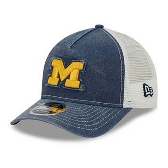 Unisex New Era Navy Michigan Wolverines Faded A-Frame 9FORTY Adjustable Trucker Hat
