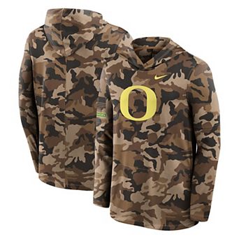 Men's Nike Camo Oregon Ducks 2026 Military Appreciation Sideline Dri-FIT Hooded Long Sleeve T-Shirt