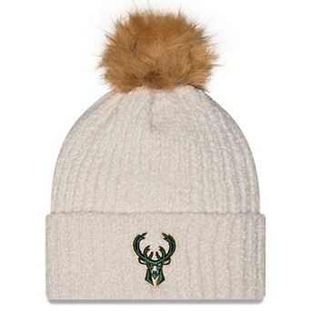 Women's New Era Cream Milwaukee Bucks Chrome Cuff Knit Hat with Pom