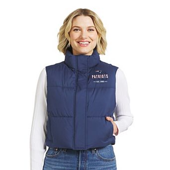 Women's WEAR by Erin Andrews Navy New England Patriots Cropped Puffer Full-Zip Vest