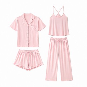 Womens 4 pc Soft Pajama Set Ruffle Shorts Cami Top Lounge Wear