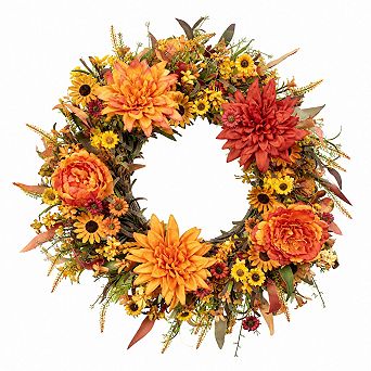 22 Inch Artificial Fall Wreath Peony Dahlia Flowers Front Door Thanksgiving Harvest Decor