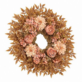 Artificial Fall Rose Dahlia Wreath For Front Door Farmhouse Harvest Decor