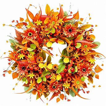 24 Inch Fall Front Door Wreath with Berries Mixed Leaves Harvest Thanksgiving Decor