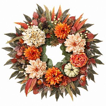 24 Inch Artificial Fall Hydrangea Dahlia Wreath For Front Door Decor