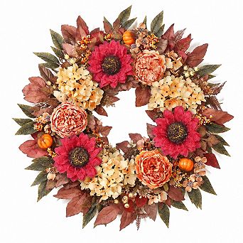 Fall Artificial Wreath Sunflower Peony Pumpkin Berry Front Door Decor