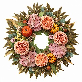 Fall Artificial Hydrangea Peony Pumpkin Autumn Wreath For Front Door Decor