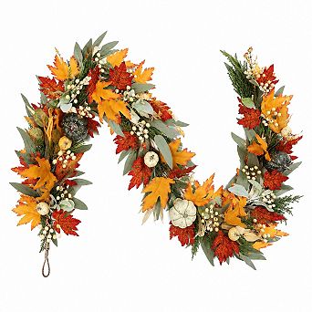 6 Ft Lighted Fall Garland with Timer Pumpkin Maple Leaves Thanksgiving Decor