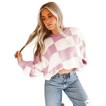 Womens Checkered Knit Sweater with Bishop Sleeves and Round Neck