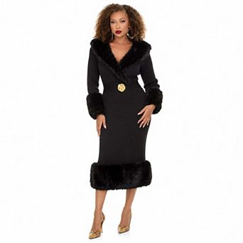 Donna Vinci Knits Women's Faux Fur Trimmed Long Sleeve Midi Dress