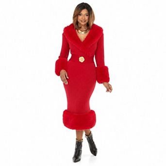 Donna Vinci Knits Women's Faux Fur Trimmed Long Sleeve Midi Dress