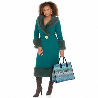 Donna Vinci Knits Women's Faux Fur Trimmed Long Sleeve Midi Dress