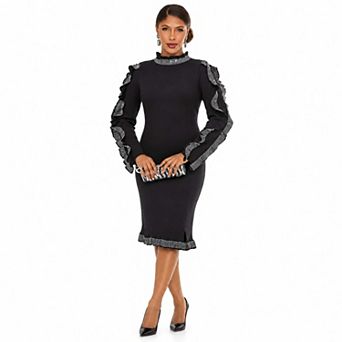 Donna Vinci Knits Women's Rhinestone Ruffle Trim Midi Dress