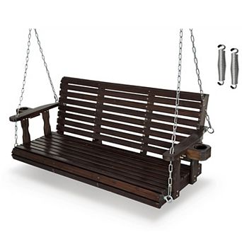 Wooden Porch Swing 3-Seater, Bench Swing with Cupholders, Hanging Chains and 7mm Springs