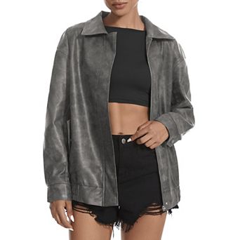 Womens Faux Leather Jacket Oversized Zipper Coat