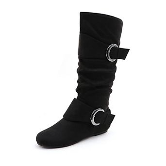 Shelly-2 Double Buckle Slouchy Round Toe Flat Mid Calf Boots