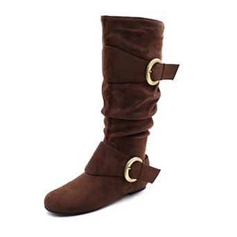 Shelly-2 Double Buckle Slouchy Round Toe Flat Mid Calf Boots