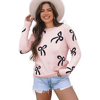 Womens Bow Pattern Sweater with Ribbed Crewneck and Long Sleeves