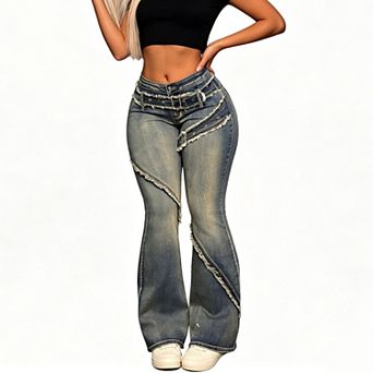 Women Raw Edge Patchwork Denim Pants Low Rise Streetwear Bootcut Floor‑Length Long Jeans