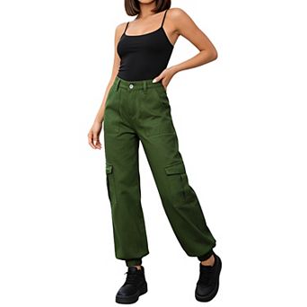 Women High Waist Jogger Cargo Pants Washed Denim Jeans Elastic Back Cuffed Trousers Multi Pockets