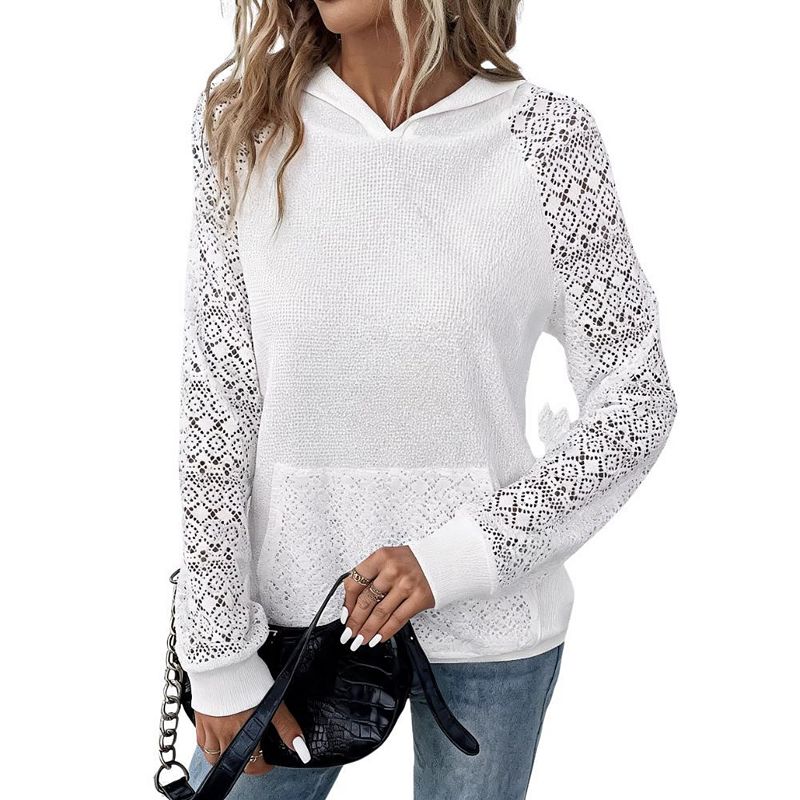 Women's Crochet Lace Hoodie Pullover Long Sleeve Pocket Sweatshirt Top