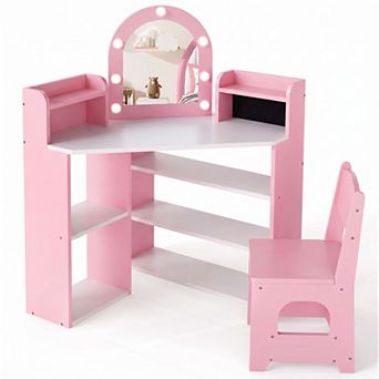 Costway Corner Kids Vanity with Lights, 3 Storage Shelves, 5 Open Compartments, Accessories