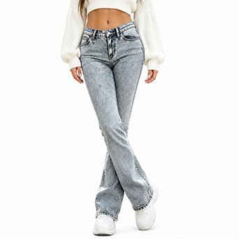 Women Low Rise Flared Jeans Acid Wash Stretch Denim Bootcut Long Pants