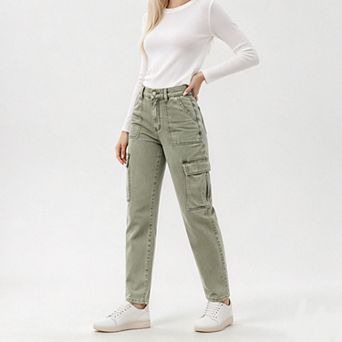 Women High Waist Cargo Jeans, Slim Fit Multi Pockets Denim Long Pants