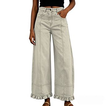 Women's High Waist Wide Leg Jeans Vertical Seam Ruffled Hem Loose Denim Pants with Pockets