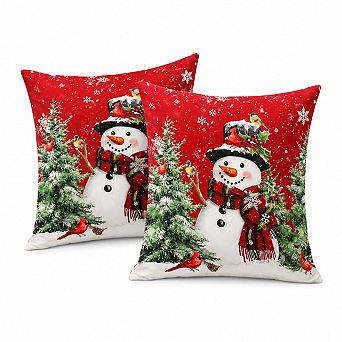 Set of 2 Winter Snowman Pine Tree Bird Print Throw Pillow Covers Christmas