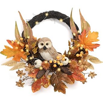 Fieldview 18 Inch Fall Wreath for Front Door with Owl Pumpkin Maple Leaves and 20 LED Lights