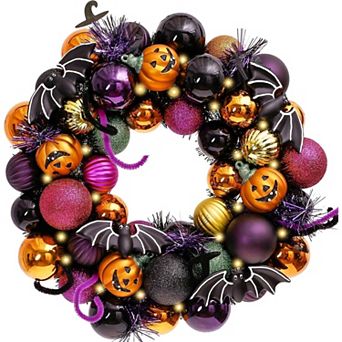 Fieldview 12 Inch Pre-Lit Halloween Ball Wreath with 20 LED Lights for Front Door Wall Indoor